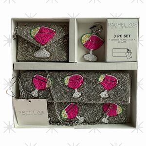 Rachel Zoe Silver and Pink Cocktail Martini Beaded Set Clutch Card Charm